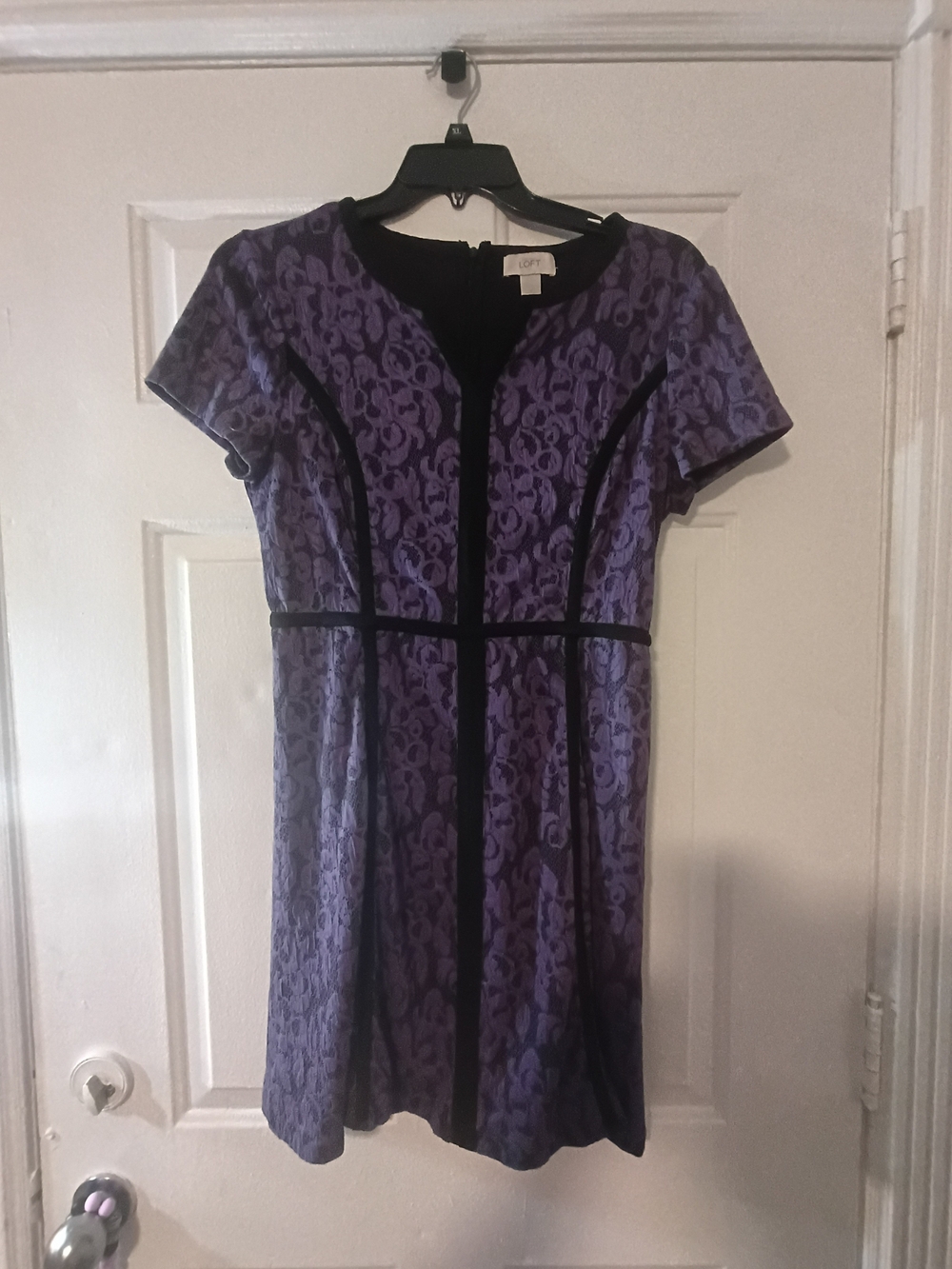 LOFT Purple Lace-Overlay Short Dress with Black Piping